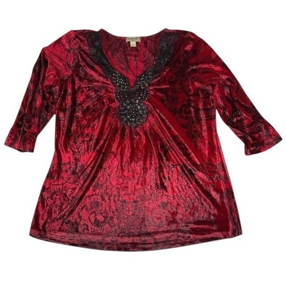 One World Women Red Black Velvet Rhinestone Lace V-Neck Tunic Top XL RN119794